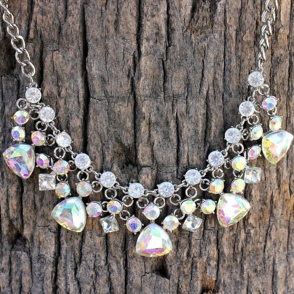 Aurora Borealis Ab Crystal Bib Triangular Round Curb Chain Evening Necklace Set - Picture 1 of 6